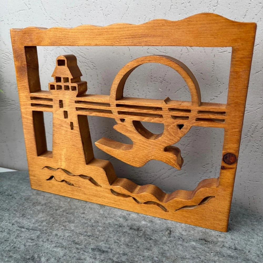 Vintage Hand Carved Wood Nautical Lighthouse Seagull Sun Wall Art Decor 9x7.5